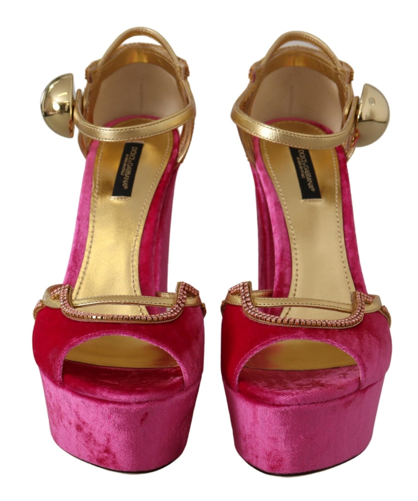 Dolce & Gabbana Pink Velvet Crystal Ankle Strap Sandals Shoes