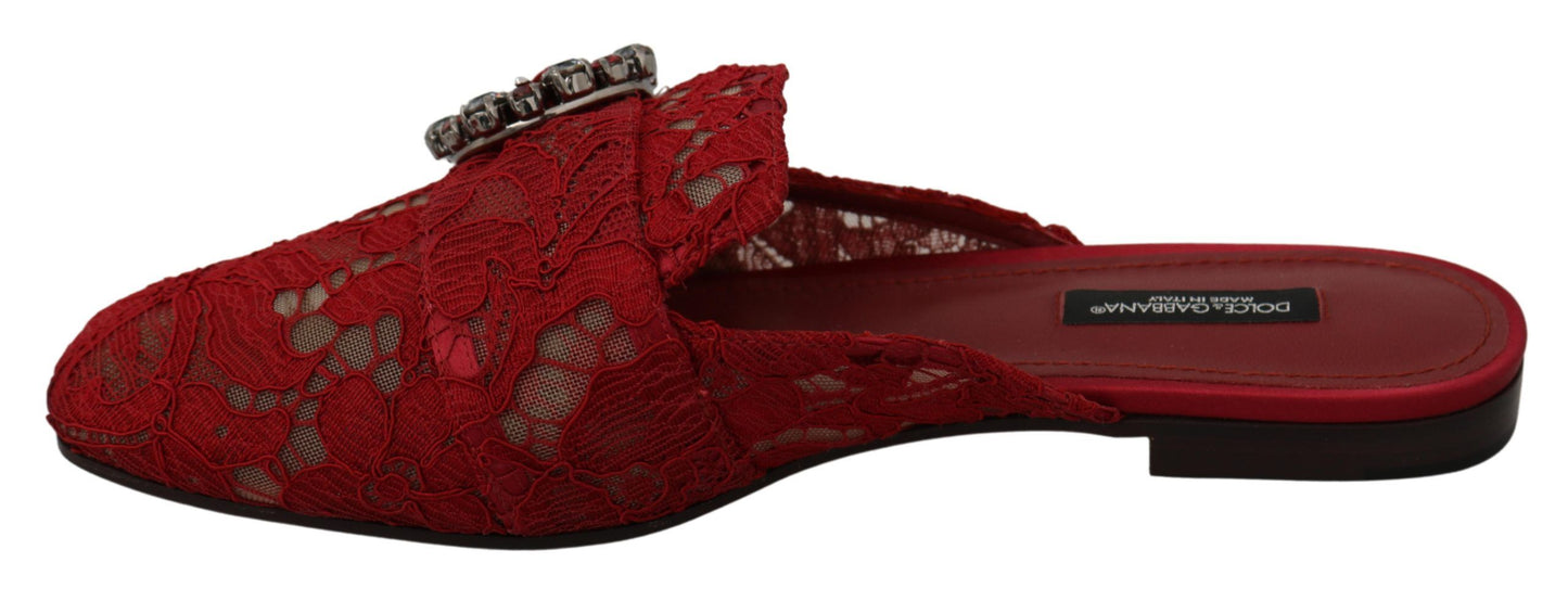 Dolce & Gabbana Red Lace Crystal Slide On Flats Shoes