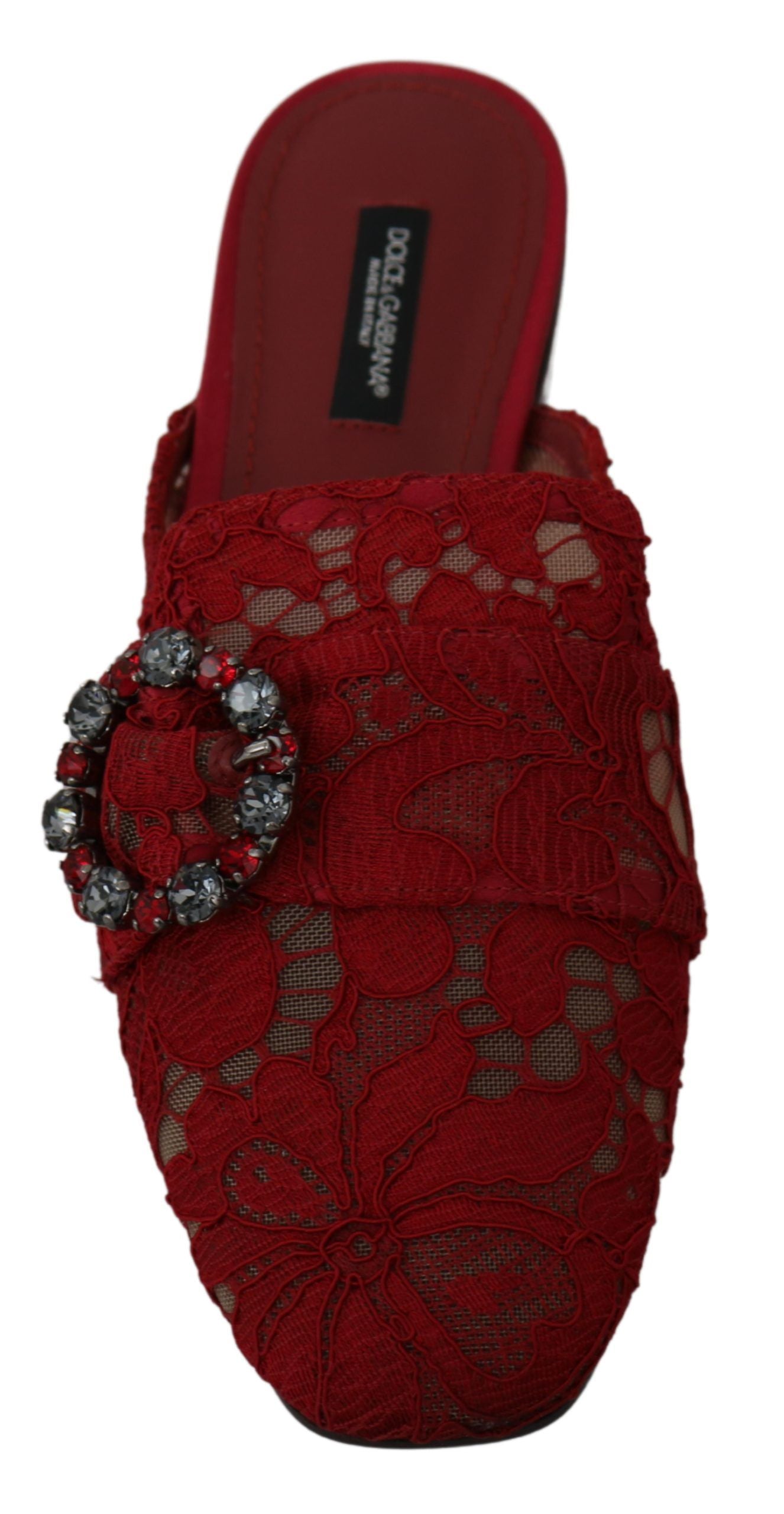 Dolce & Gabbana Red Lace Crystal Slide On Flats Shoes