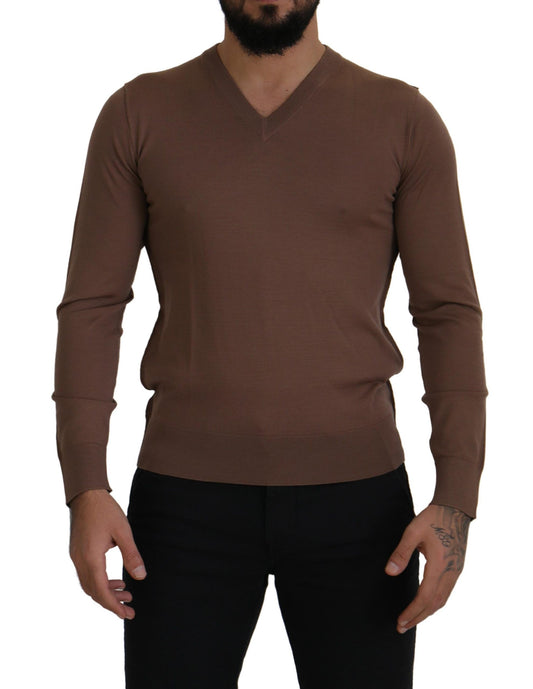 Dolce & Gabbana Brown Wool Men V-neck Pullover Sweater