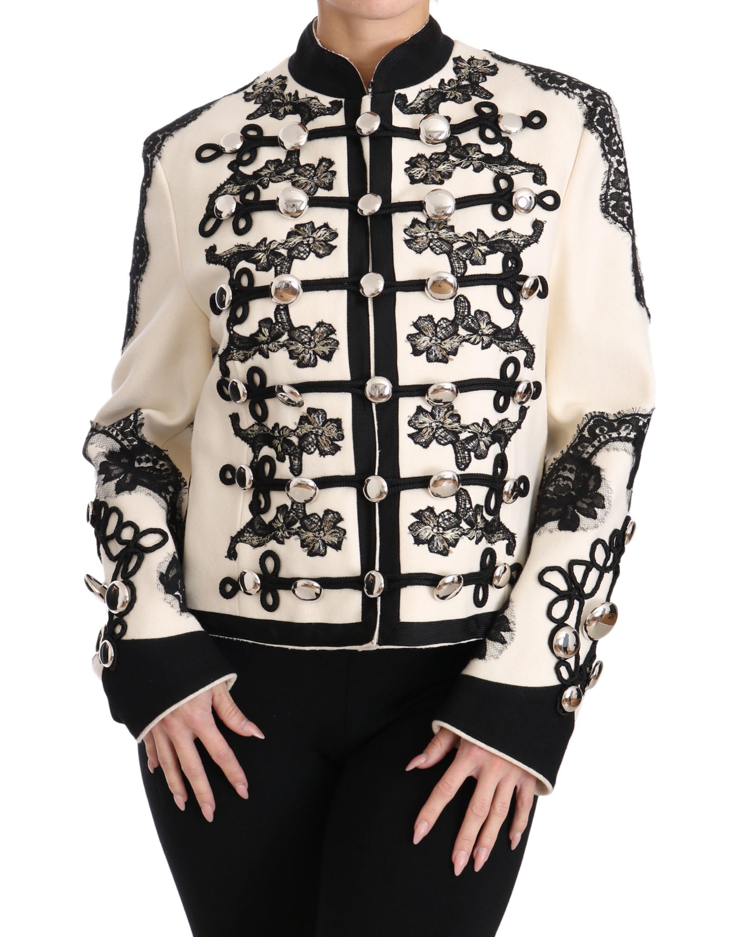 Dolce & Gabbana White Wool Black Floral Baroque Jacket