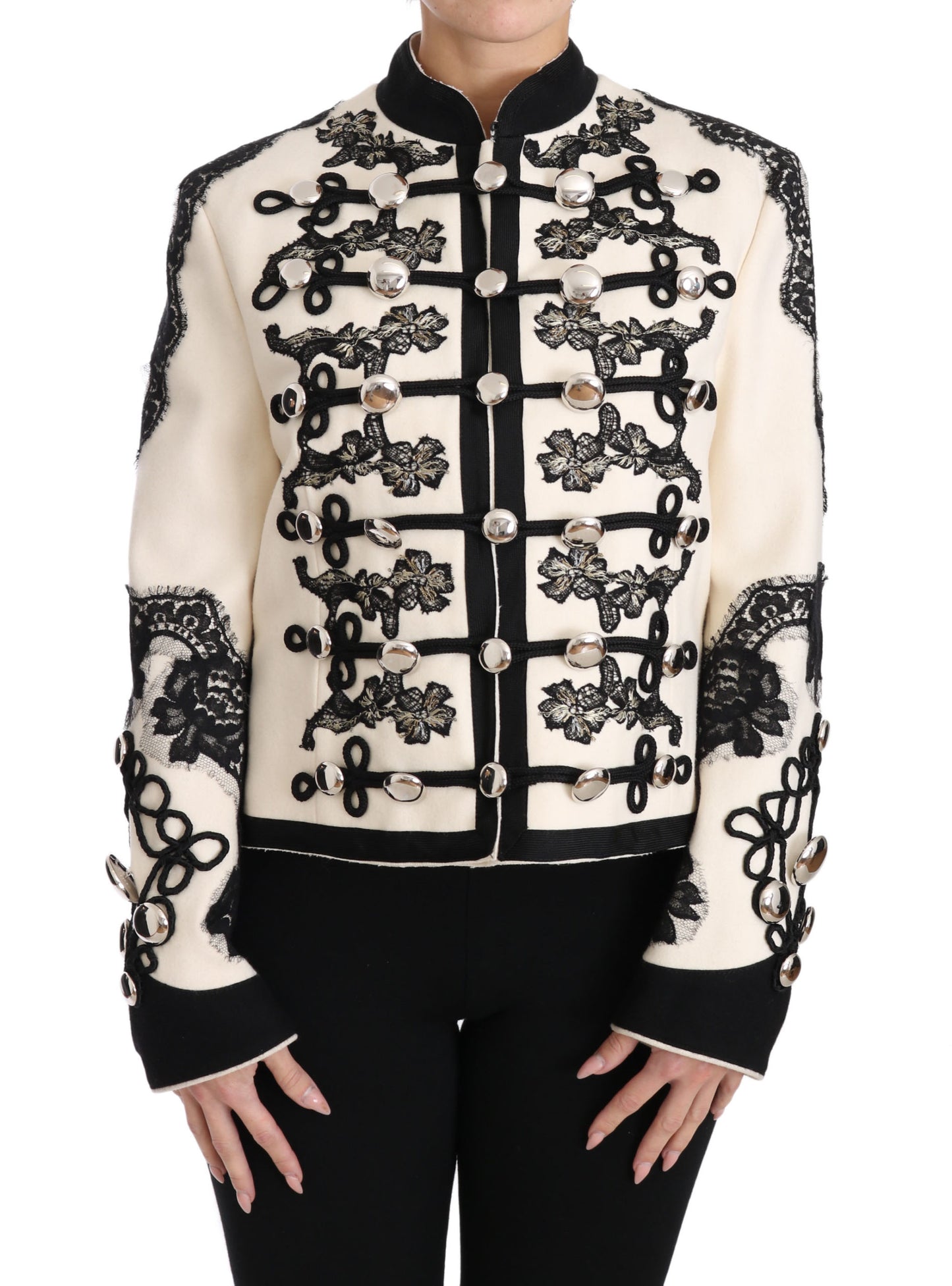 Dolce & Gabbana White Wool Black Floral Baroque Jacket