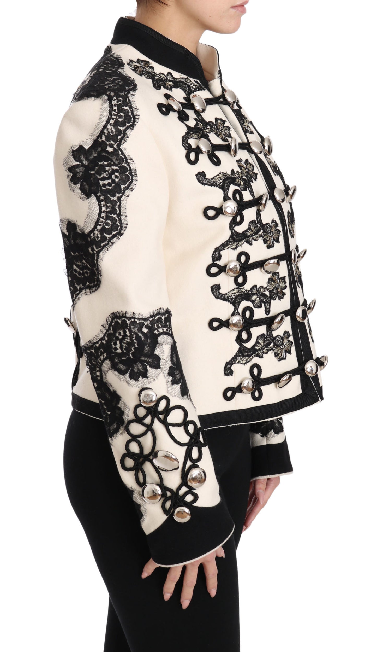 Dolce & Gabbana White Wool Black Floral Baroque Jacket