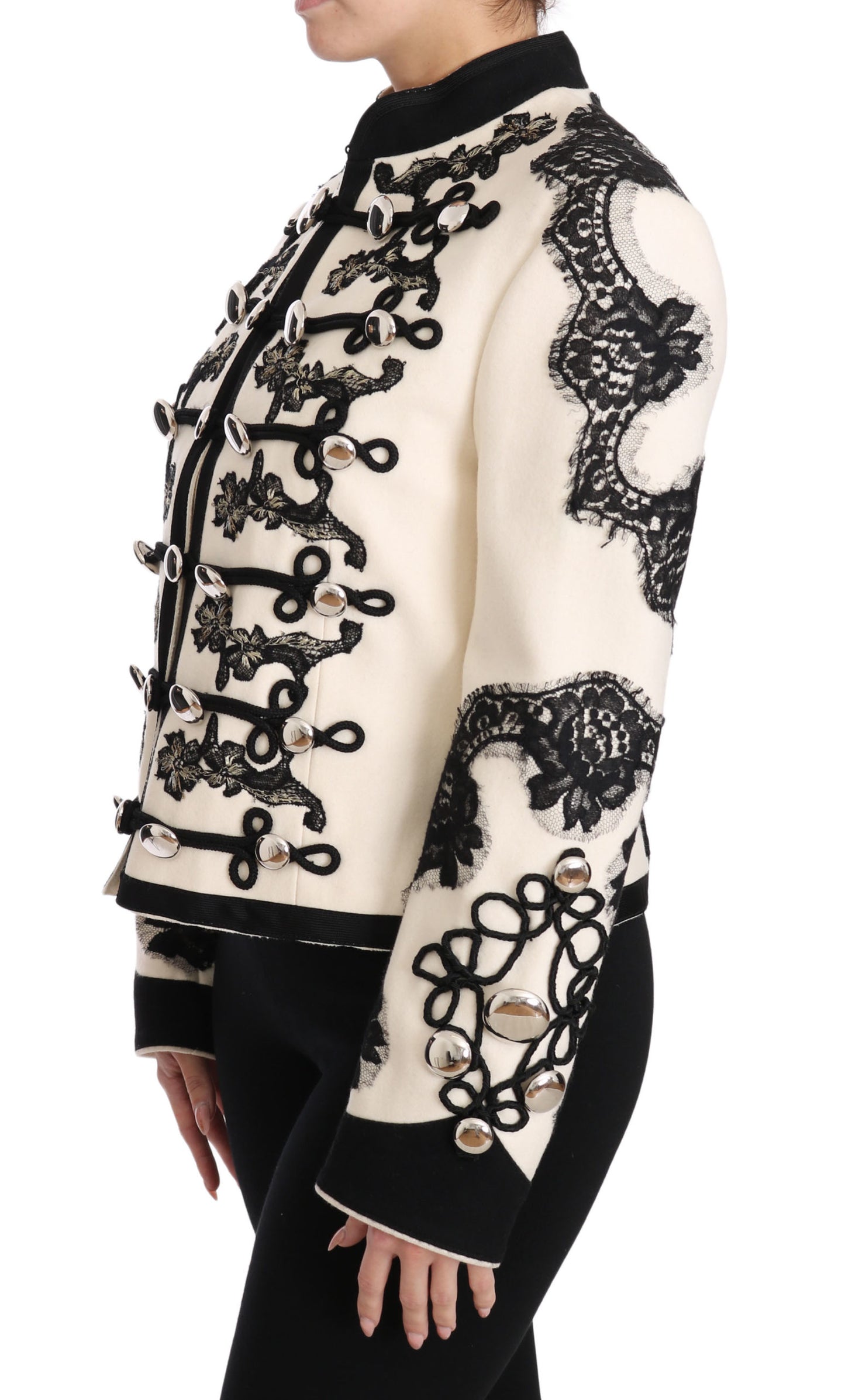 Dolce & Gabbana White Wool Black Floral Baroque Jacket