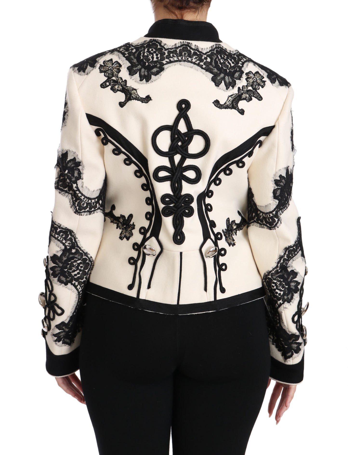 Dolce & Gabbana White Wool Black Floral Baroque Jacket