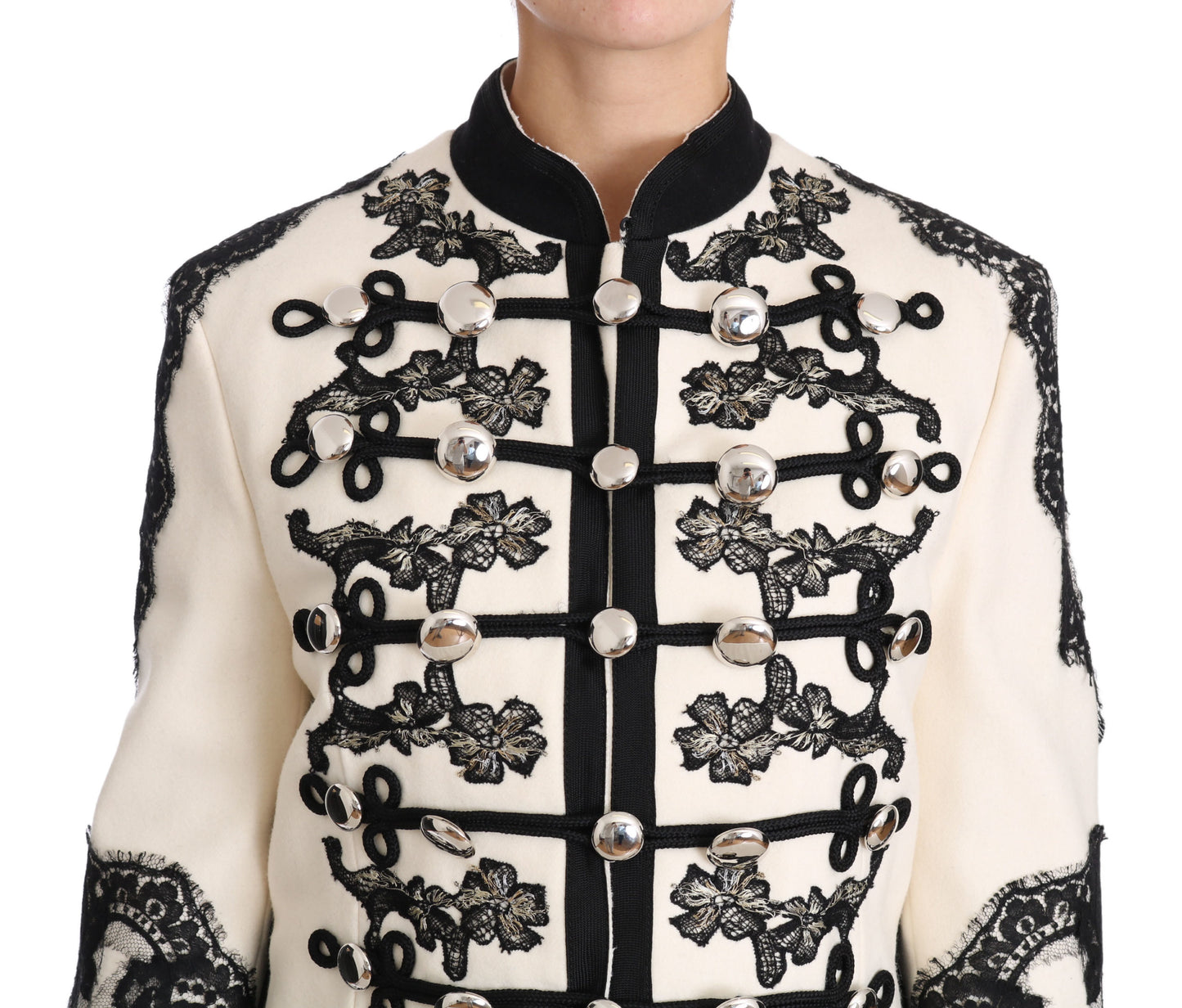 Dolce & Gabbana White Wool Black Floral Baroque Jacket