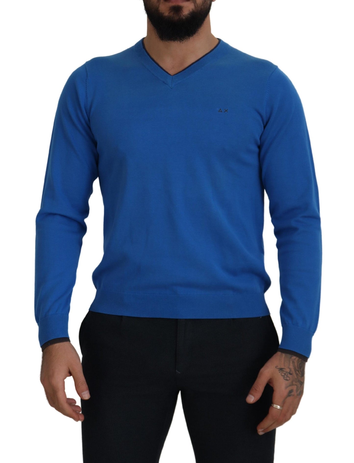 Sun68 Blue Cotton V-Neck Knitted Men Pullover Sweater