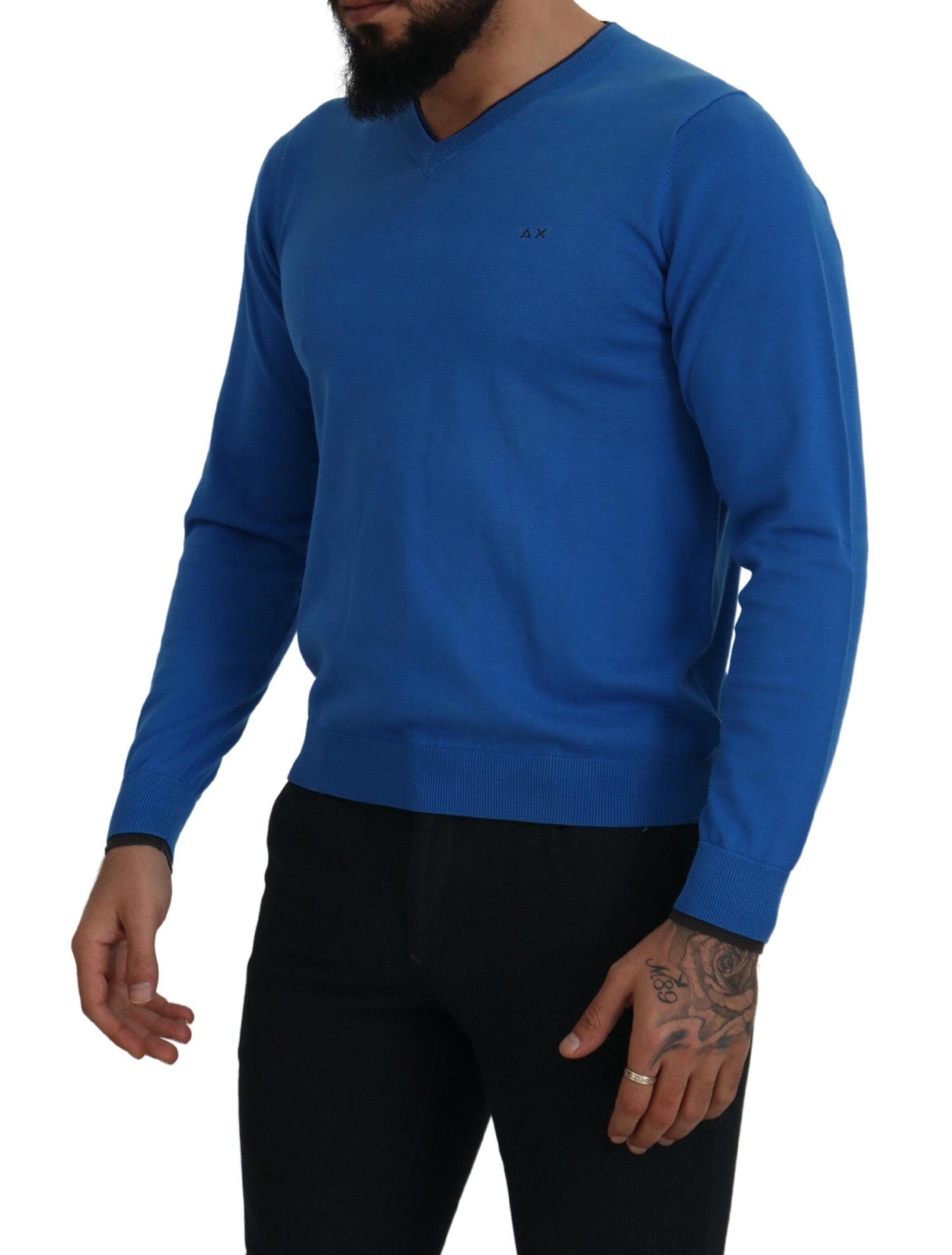 Sun68 Blue Cotton V-Neck Knitted Men Pullover Sweater