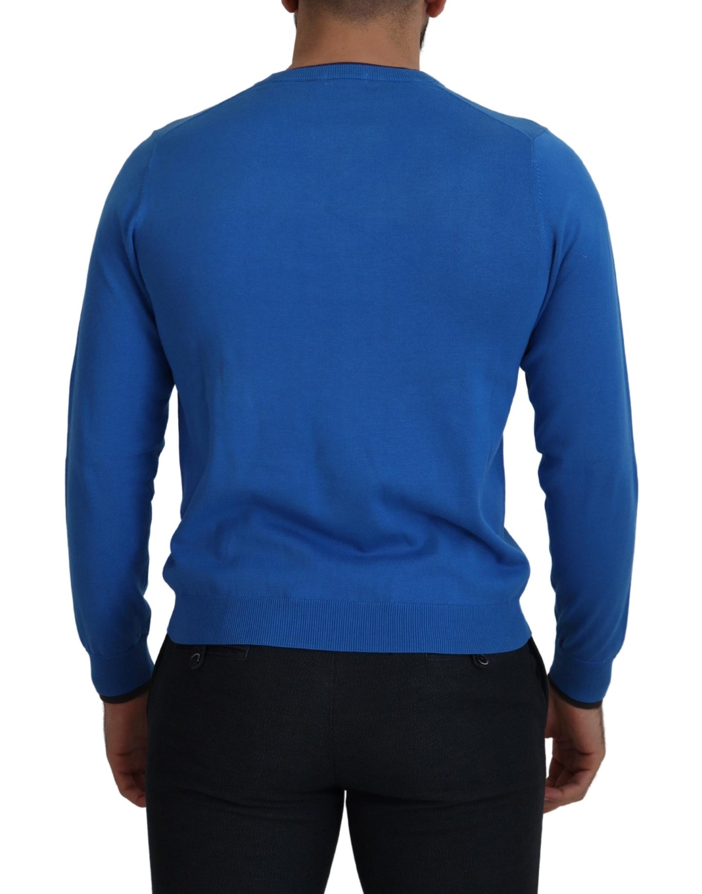 Sun68 Blue Cotton V-Neck Knitted Men Pullover Sweater