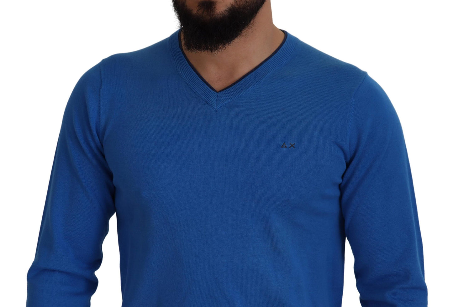 Sun68 Blue Cotton V-Neck Knitted Men Pullover Sweater