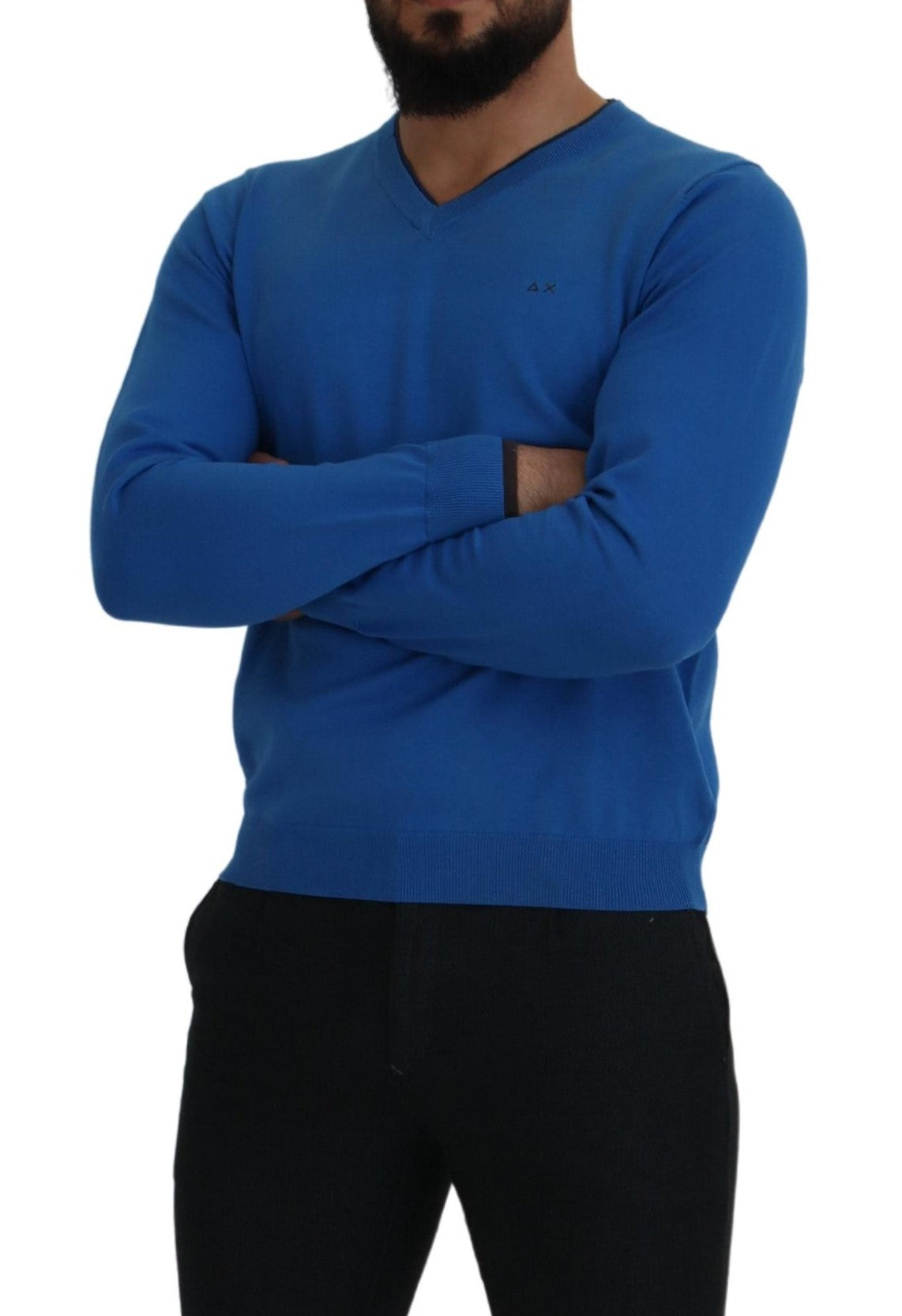 Sun68 Blue Cotton V-Neck Knitted Men Pullover Sweater