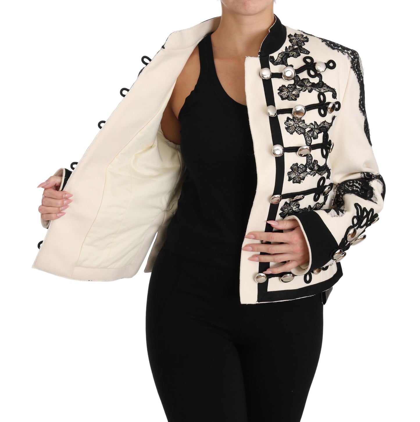 Dolce & Gabbana White Wool Black Floral Baroque Jacket