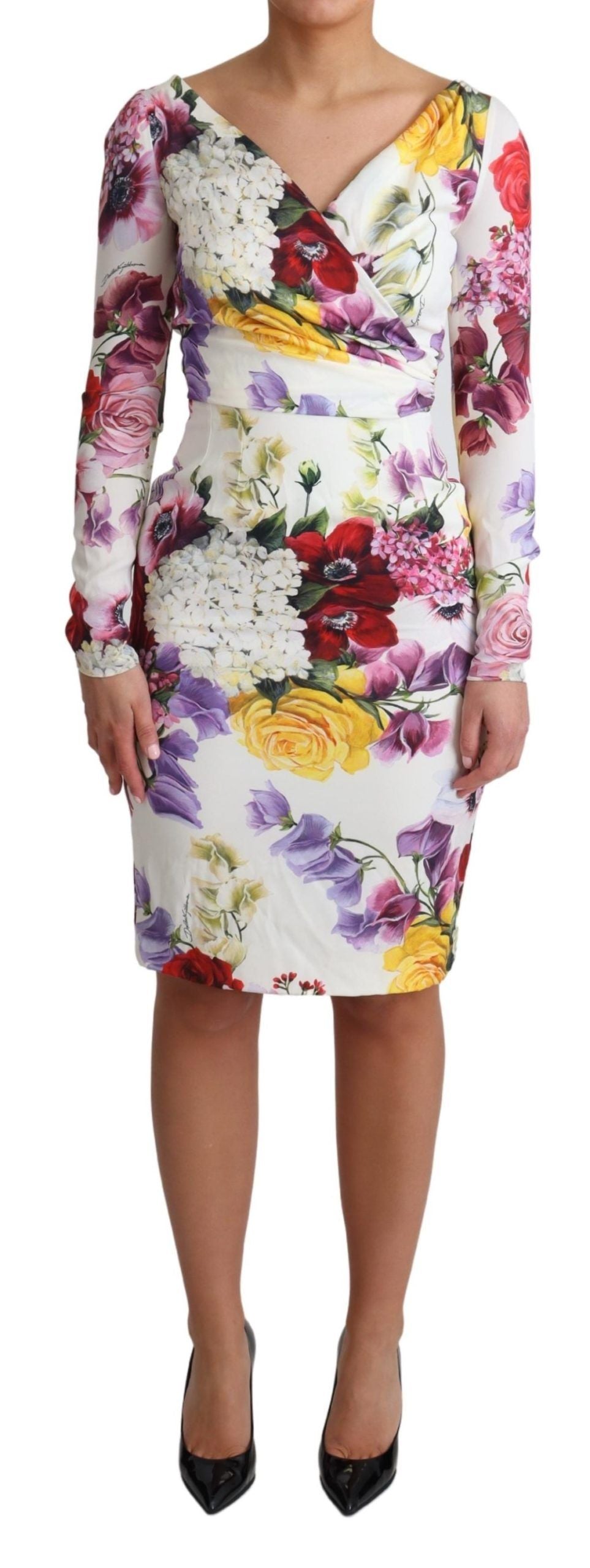 Dolce & Gabbana White Floral Print Silk Long Sleeve Dress