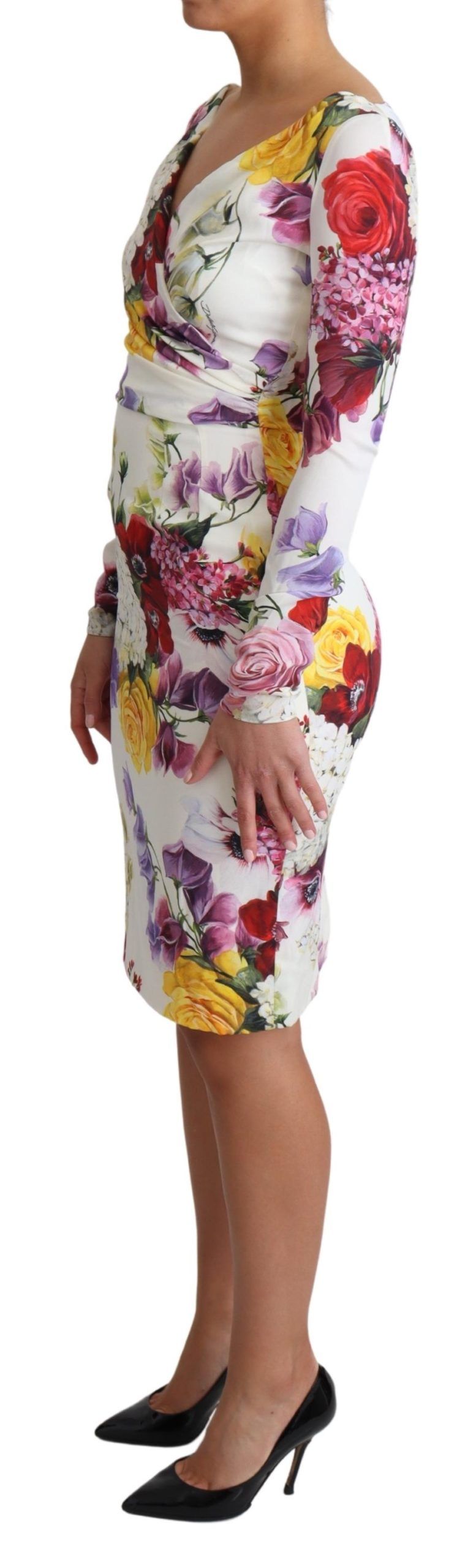 Dolce & Gabbana White Floral Print Silk Long Sleeve Dress