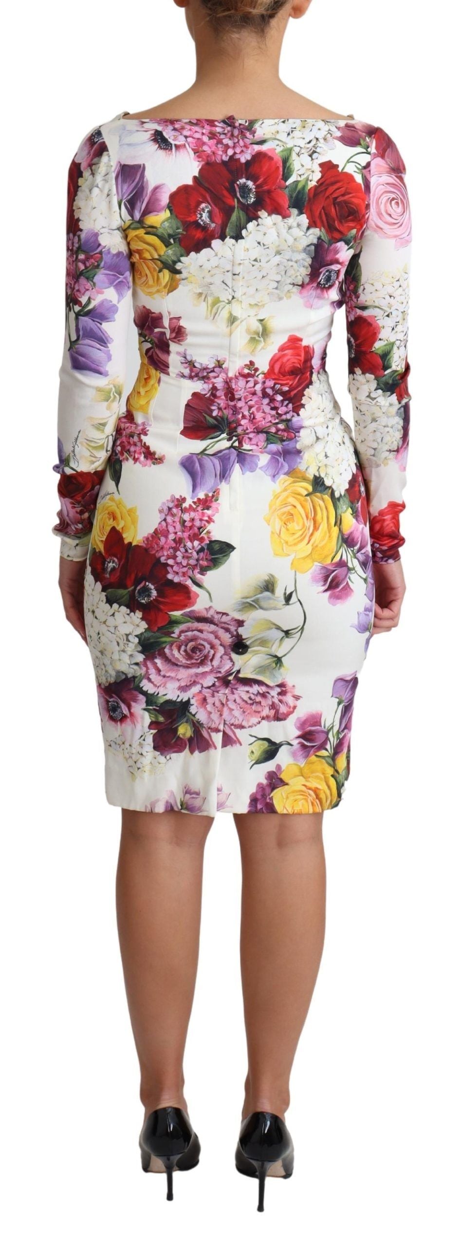 Dolce & Gabbana White Floral Print Silk Long Sleeve Dress