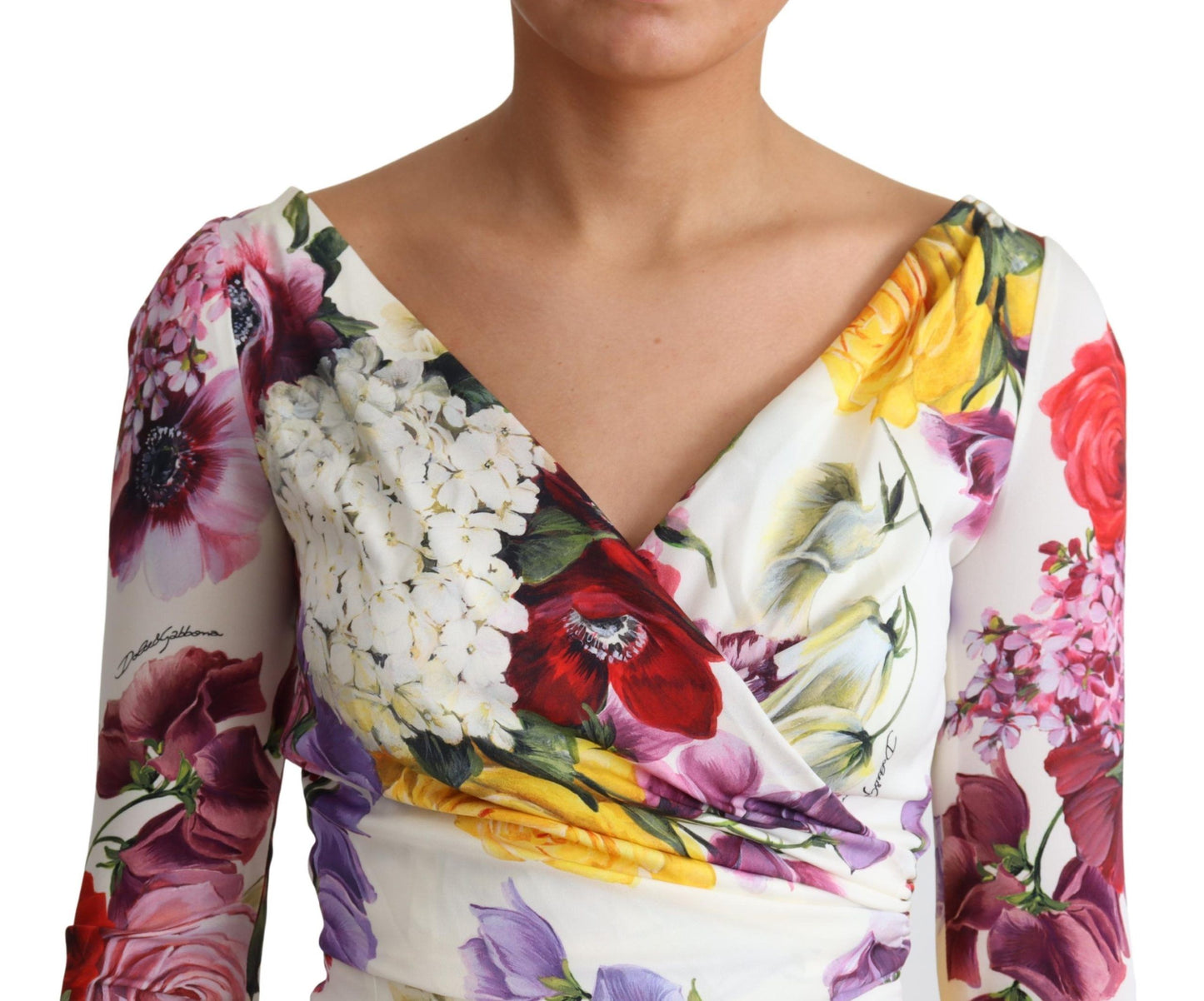 Dolce & Gabbana White Floral Print Silk Long Sleeve Dress