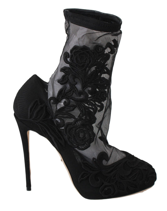 Dolce & Gabbana Black Roses Stilettos Booties Socks Shoes