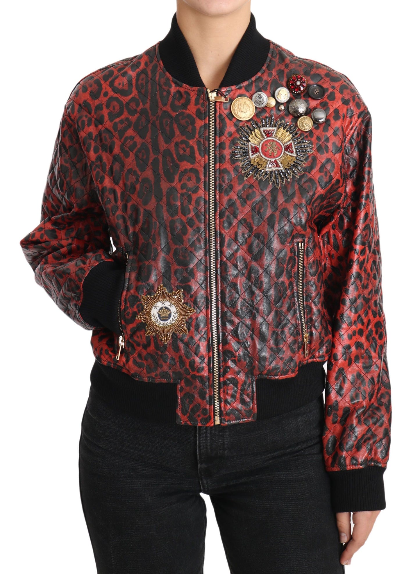 Dolce & Gabbana Red Leopard Button Crystal Leather Jacket