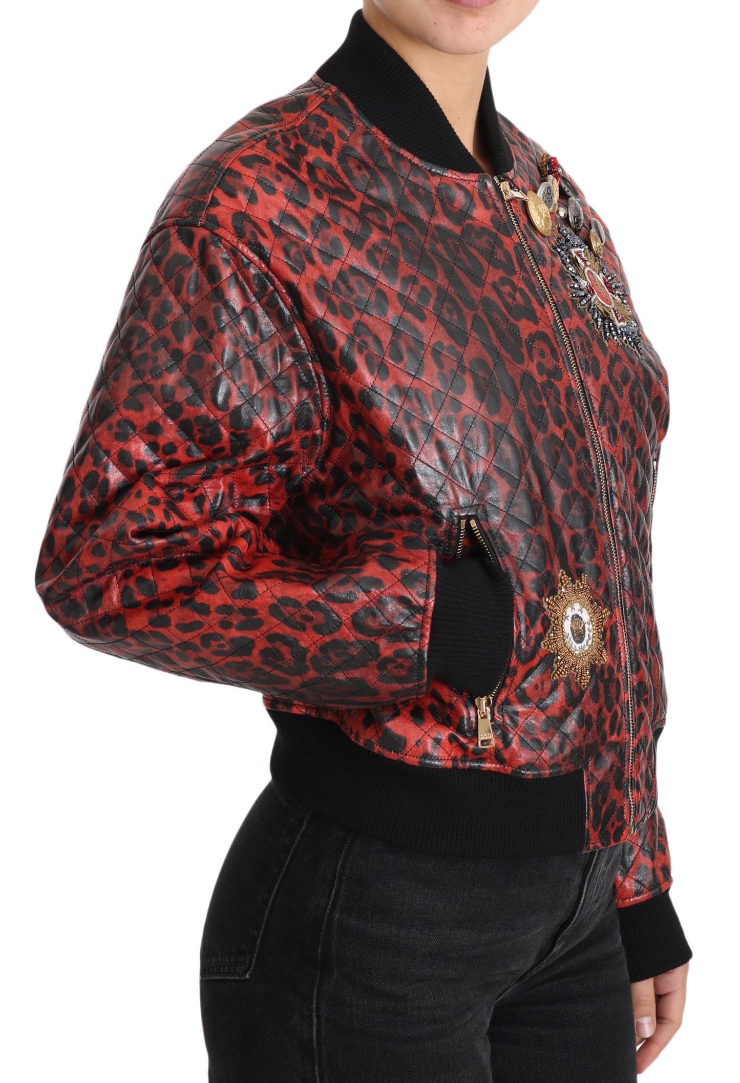 Dolce & Gabbana Red Leopard Button Crystal Leather Jacket