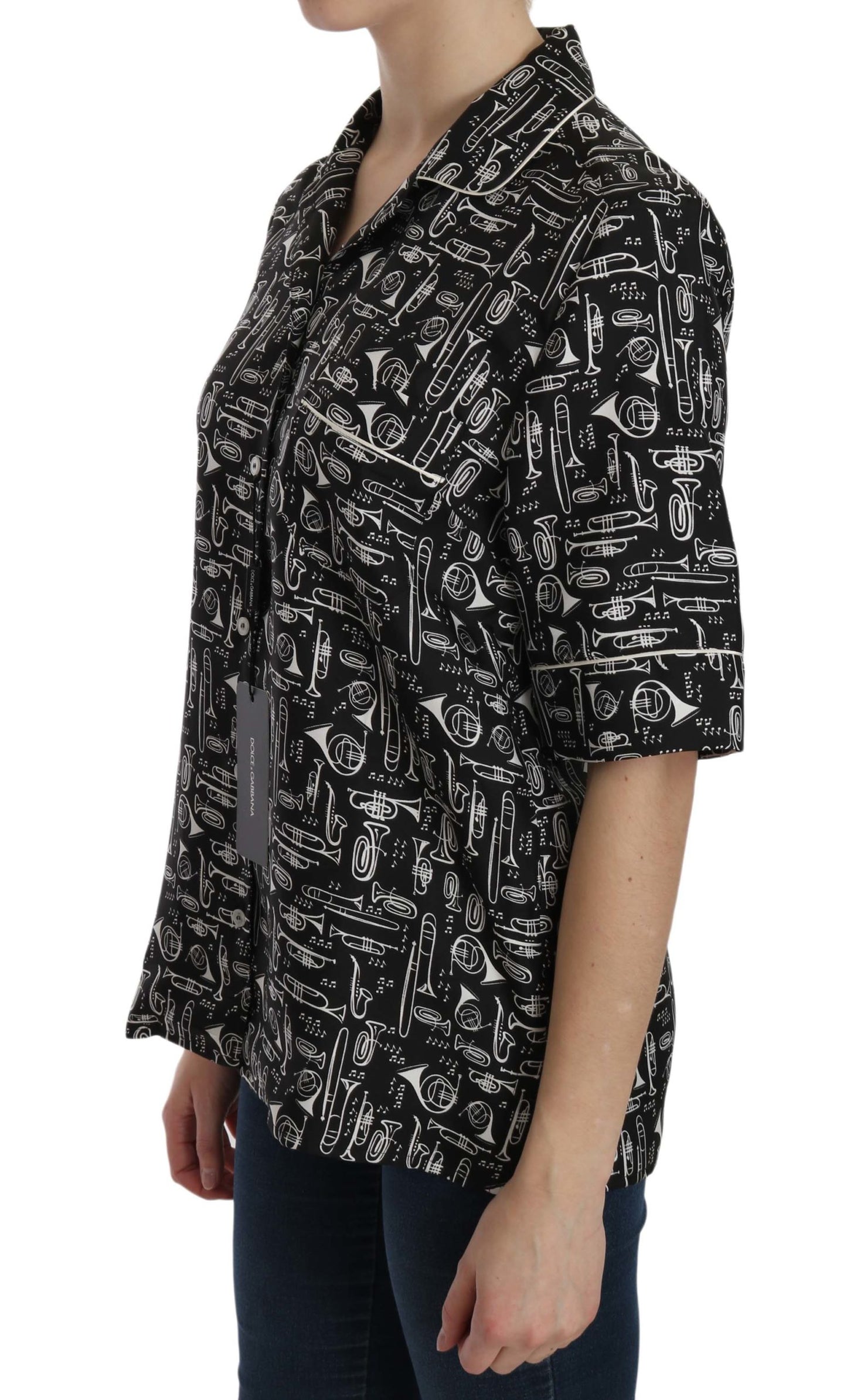 Dolce & Gabbana Black Musical Instrument Print Silk  Top