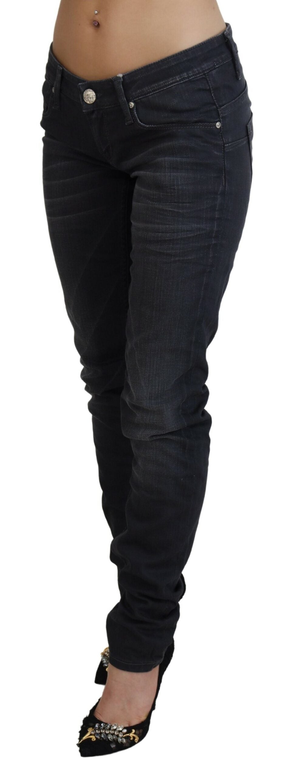 Acht Black Washed Low Waist Slim Fit Cotton Denim Jeans