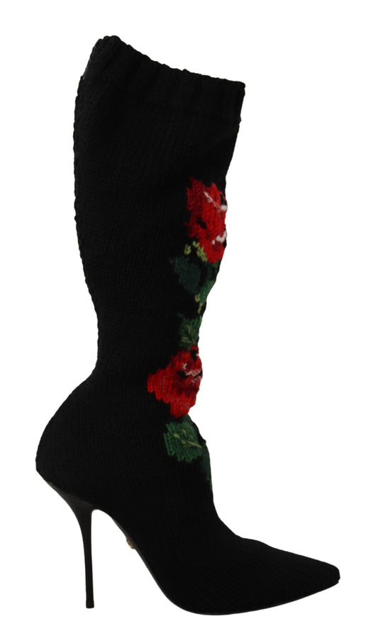 Dolce & Gabbana Black Stretch Socks Red Roses Booties Shoes