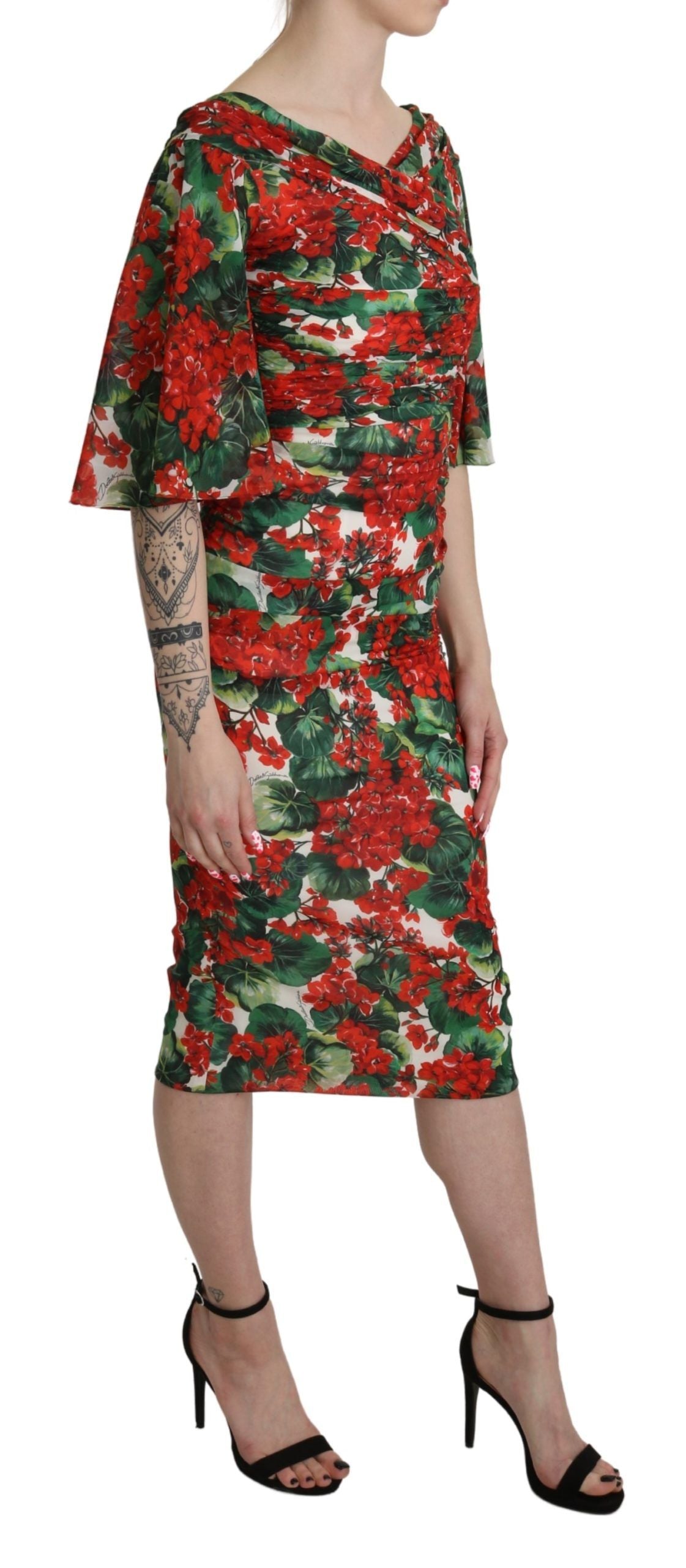 Dolce & Gabbana Red Floral Sheath Midi Silk Stretch Dress