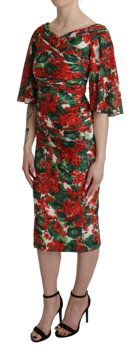 Dolce & Gabbana Red Floral Sheath Midi Silk Stretch Dress