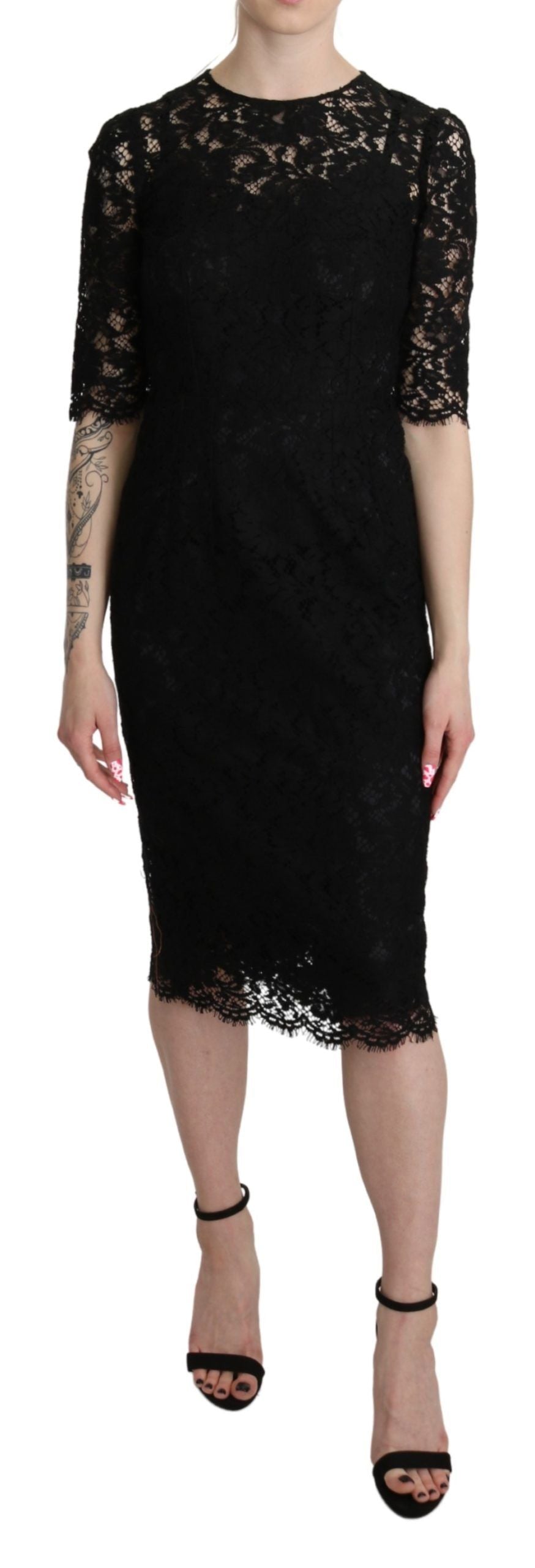 Dolce & Gabbana Black Floral Lace Sheath Knee Length Dress