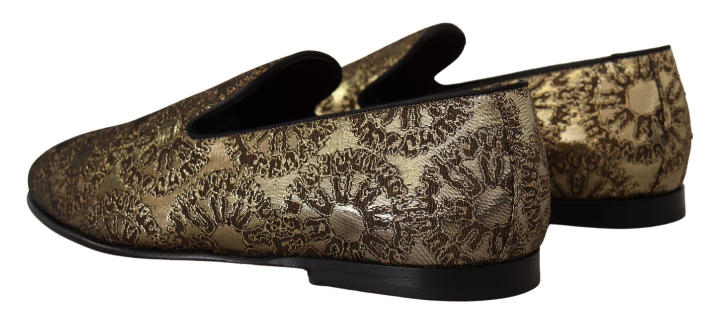 Dolce & Gabbana Gold Jacquard Flats Mens Loafers Shoes