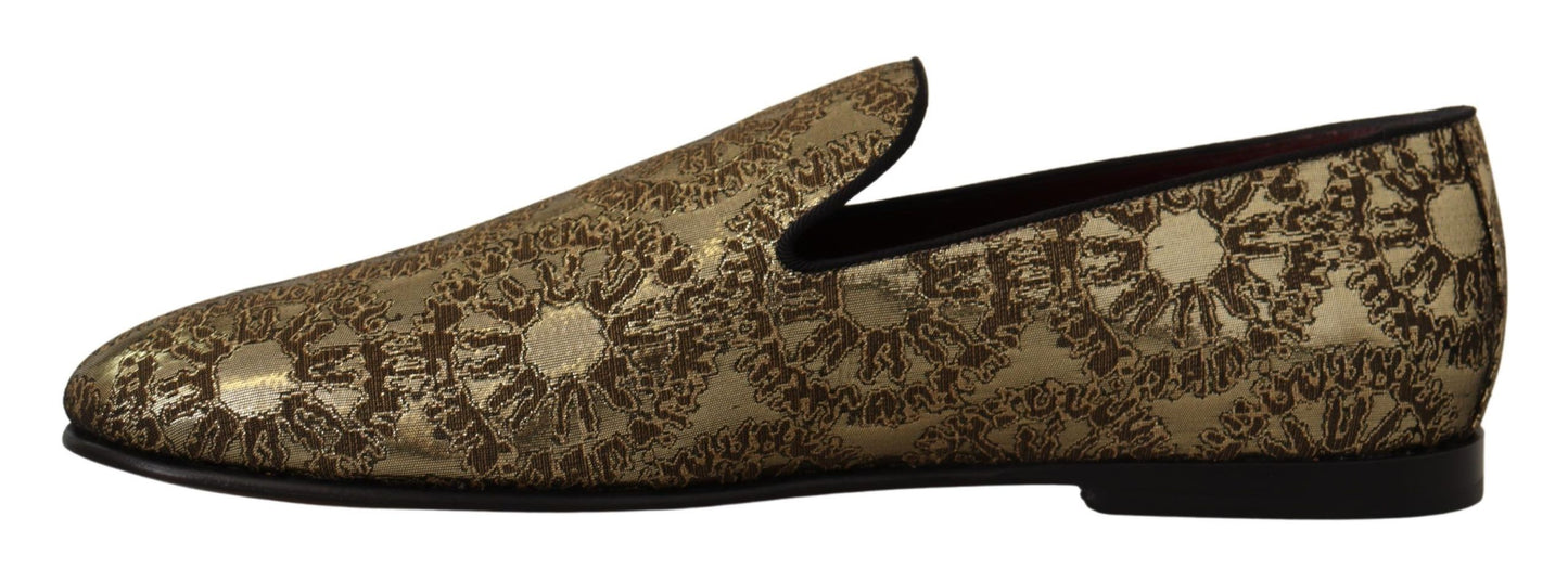 Dolce & Gabbana Gold Jacquard Flats Mens Loafers Shoes