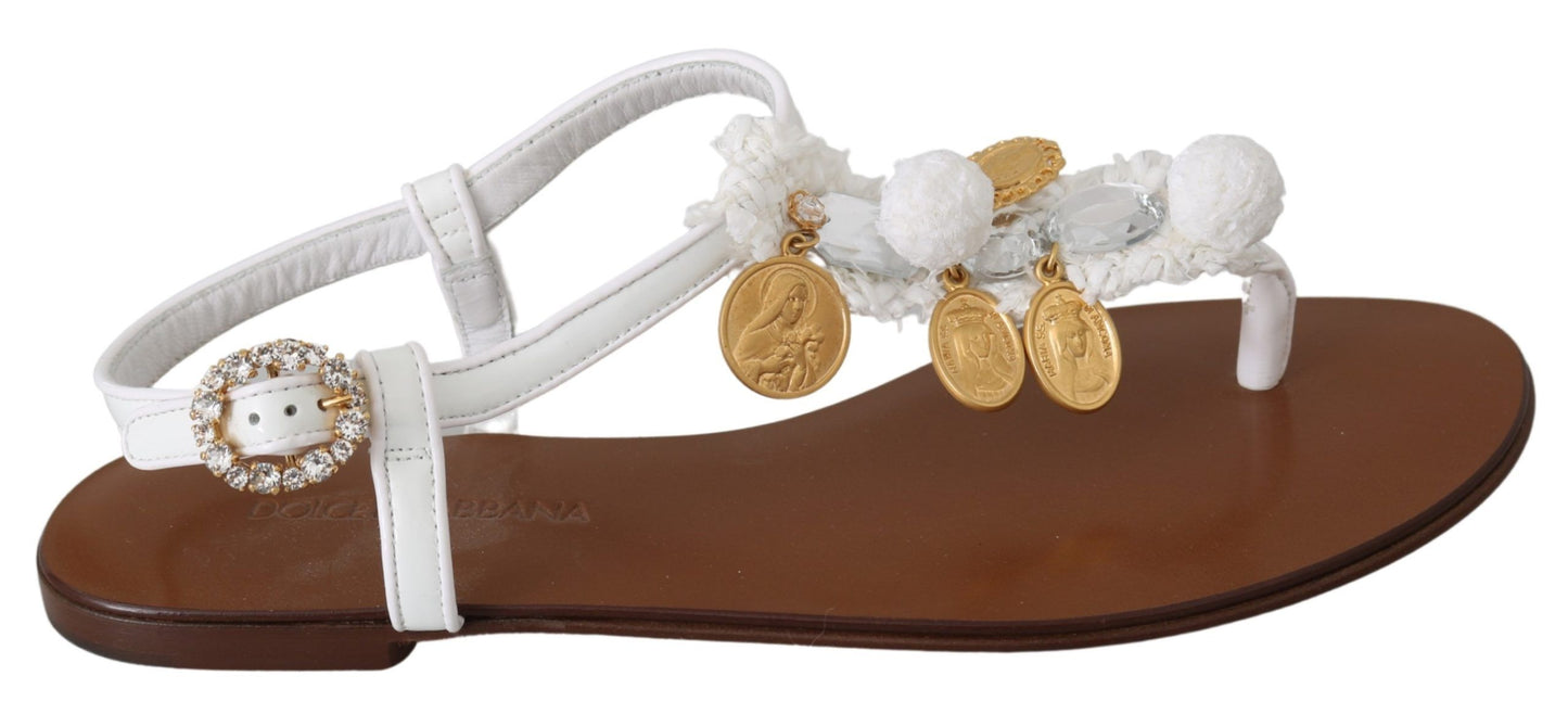 Dolce & Gabbana White Leather Coins Flip Flops Sandals Shoes