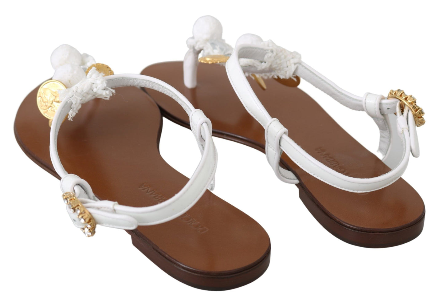 Dolce & Gabbana White Leather Coins Flip Flops Sandals Shoes