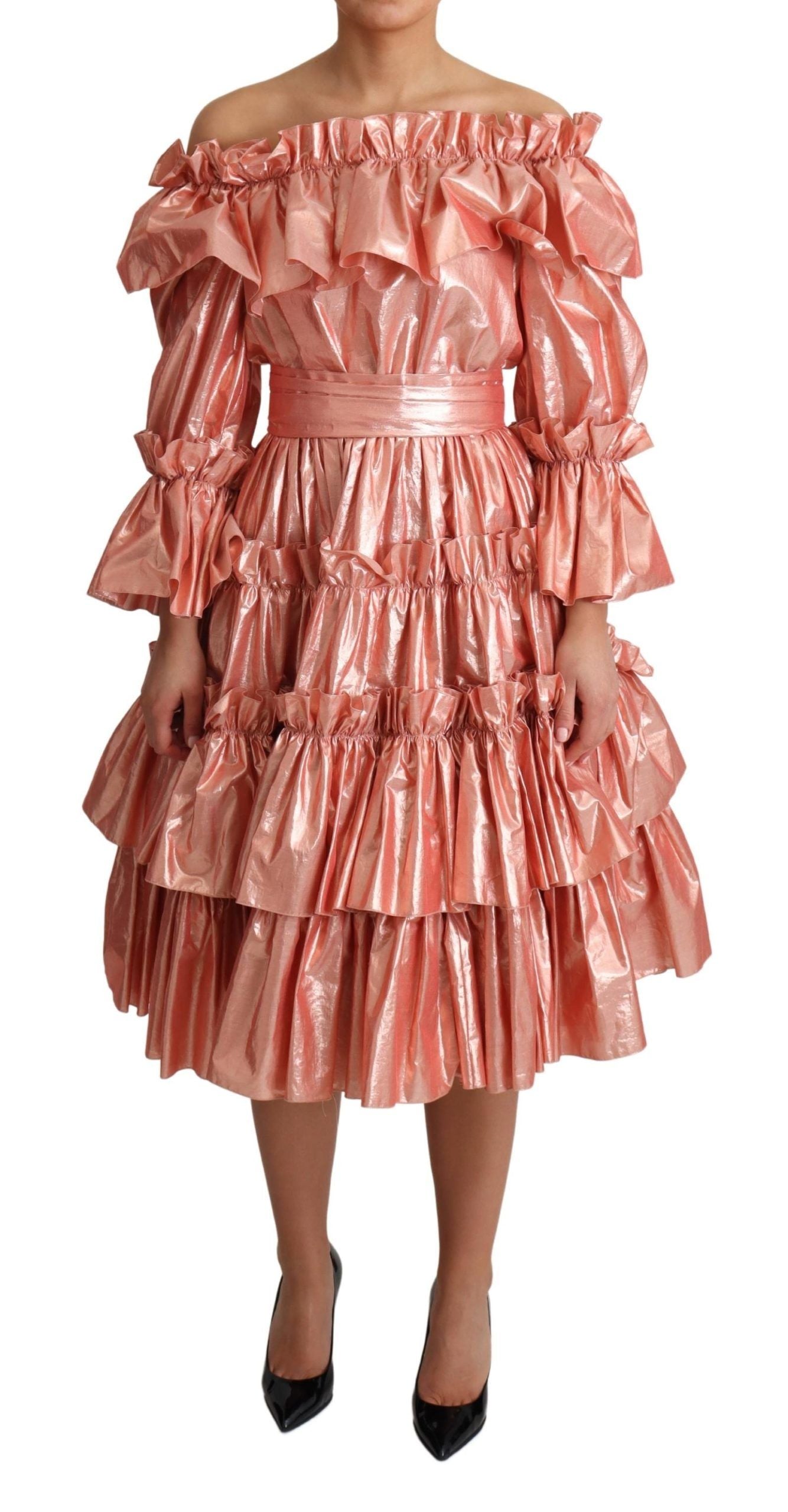 Dolce & Gabbana Pink Ruffled Dress Silk Cotton Gown Dress