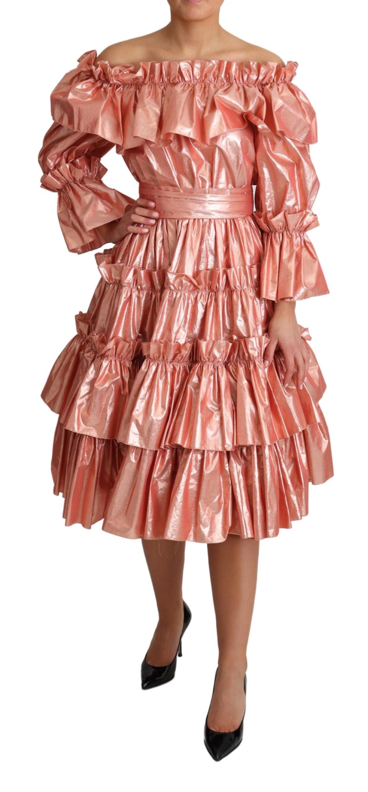 Dolce & Gabbana Pink Ruffled Dress Silk Cotton Gown Dress