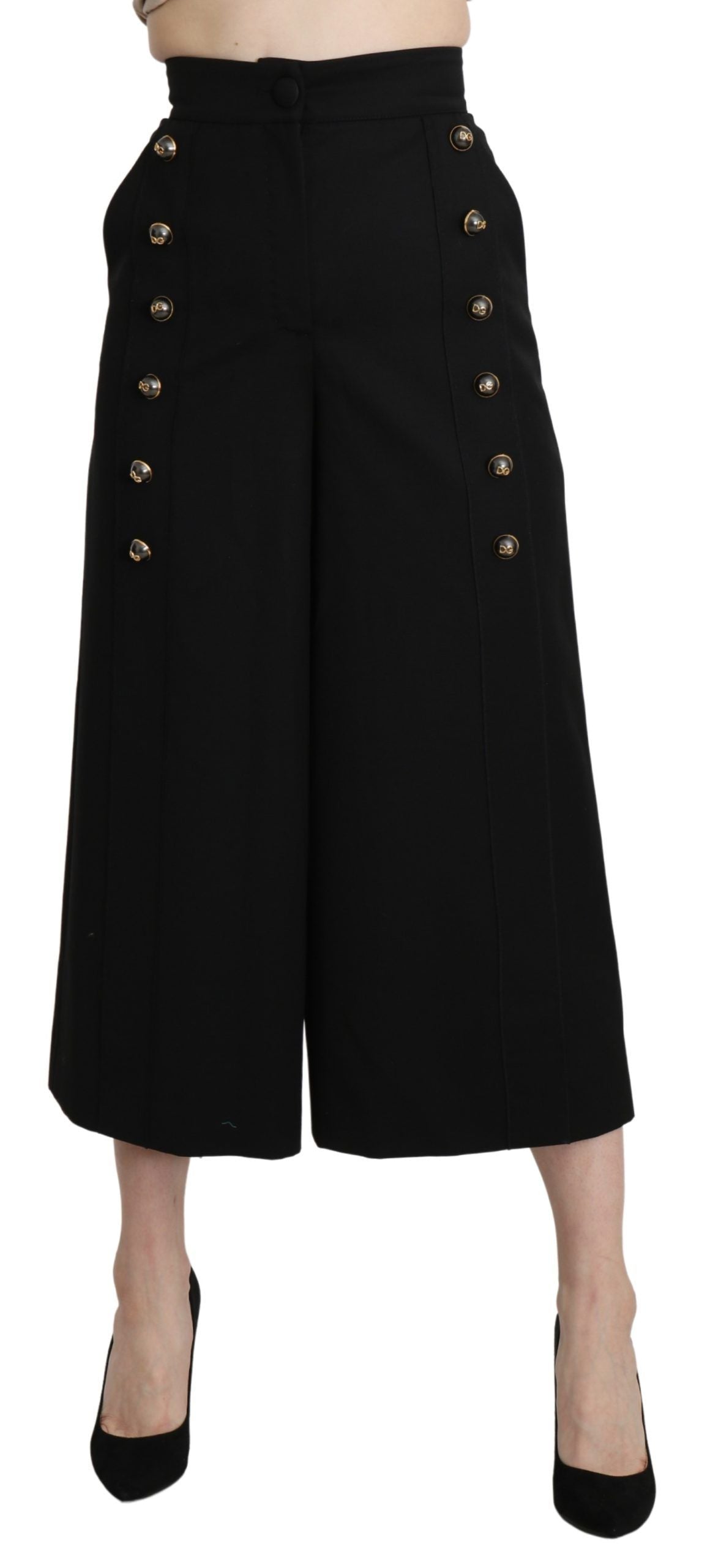 Dolce & Gabbana Black Wide Wool Leg Cropped Trouser Pant