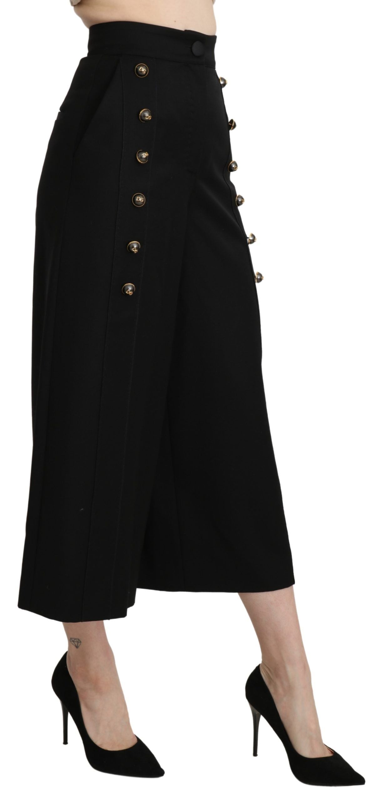 Dolce & Gabbana Black Wide Wool Leg Cropped Trouser Pant