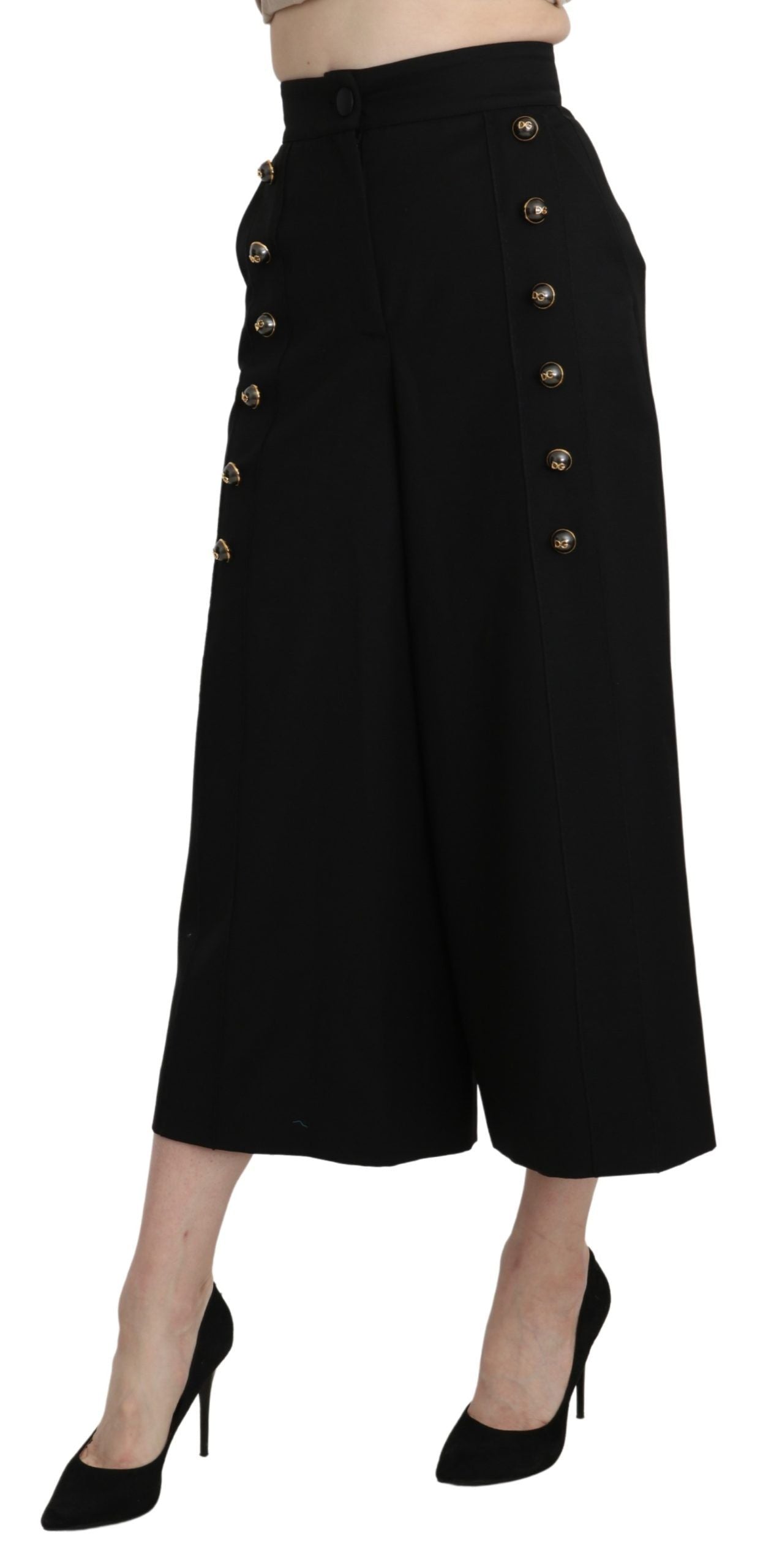 Dolce & Gabbana Black Wide Wool Leg Cropped Trouser Pant