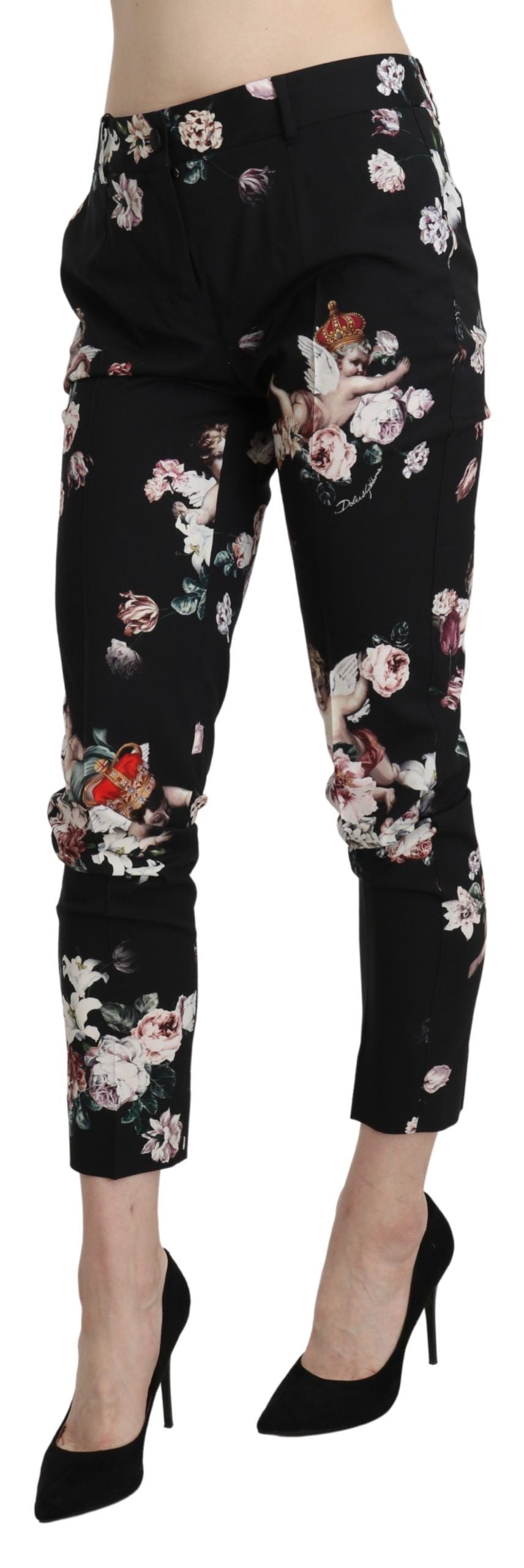 Dolce & Gabbana Black Angel Floral Cropped Trouser Wool Pants