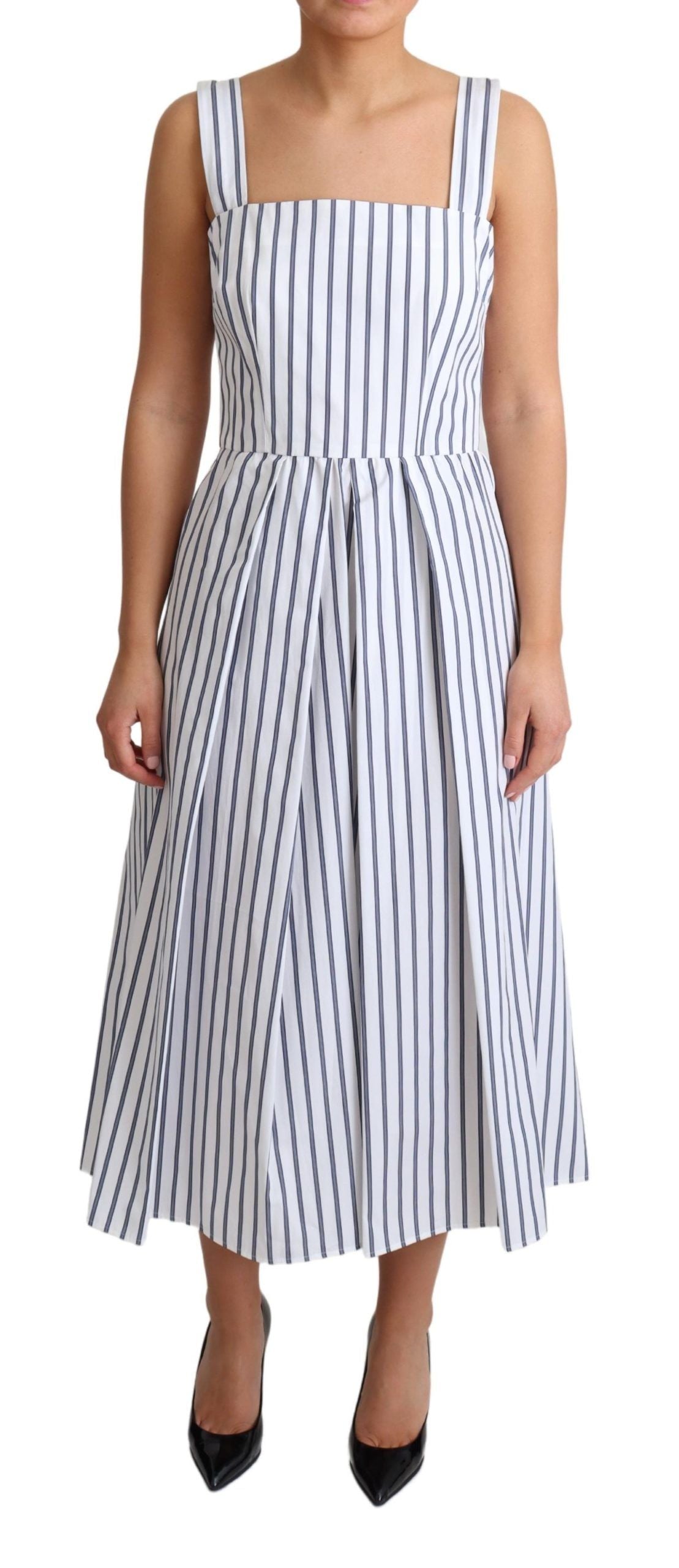 Dolce & Gabbana White Blue Striped Cotton A-Line Dress