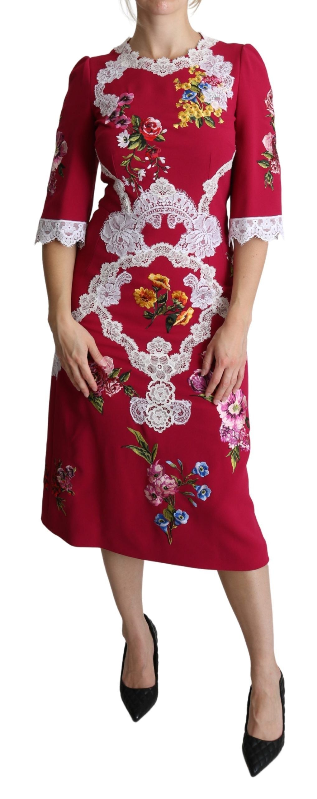 Dolce & Gabbana Red Floral Embroidered Sheath Midi Dress