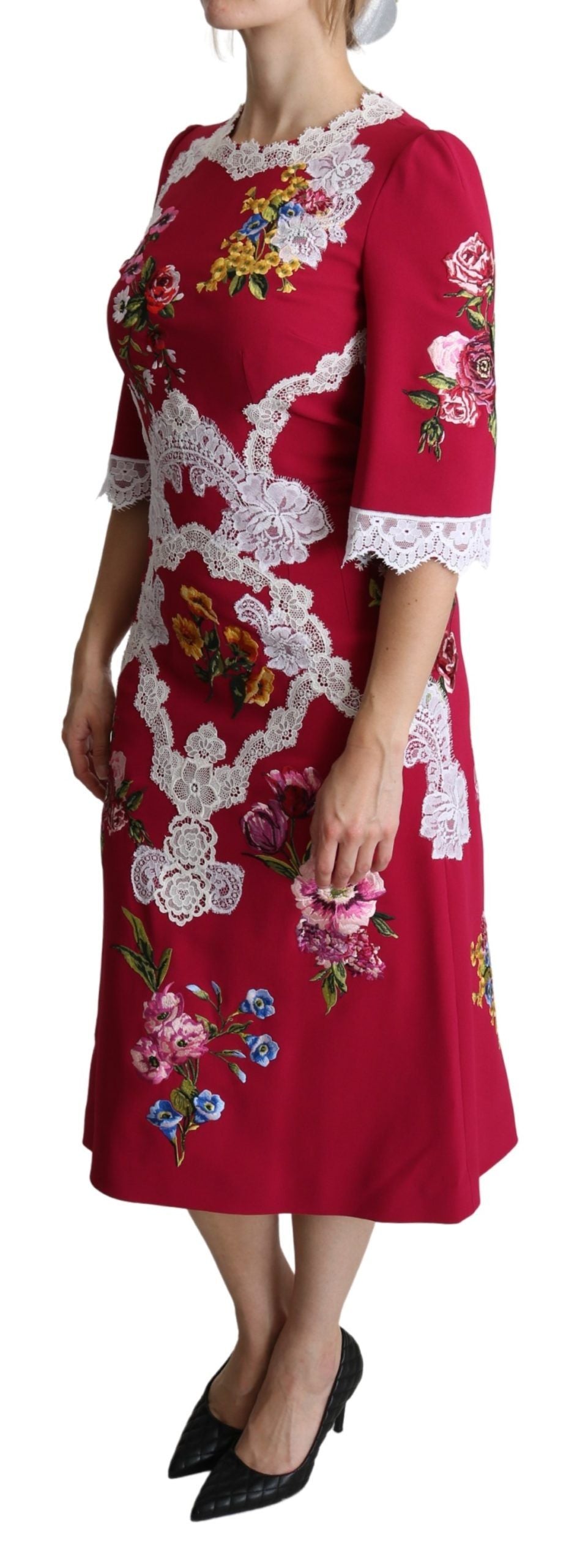 Dolce & Gabbana Red Floral Embroidered Sheath Midi Dress