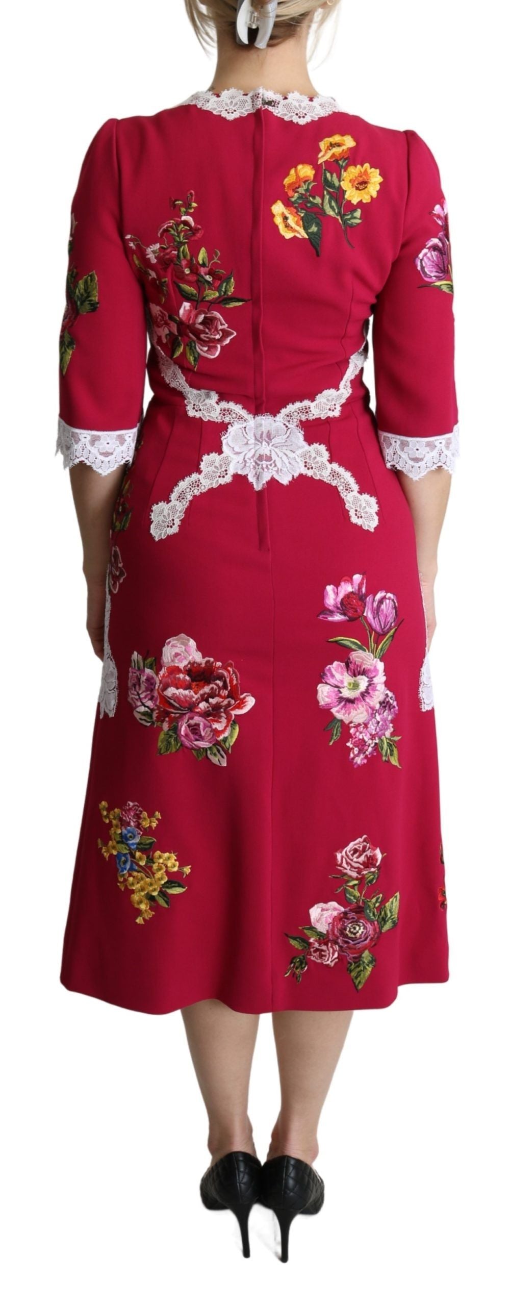 Dolce & Gabbana Red Floral Embroidered Sheath Midi Dress