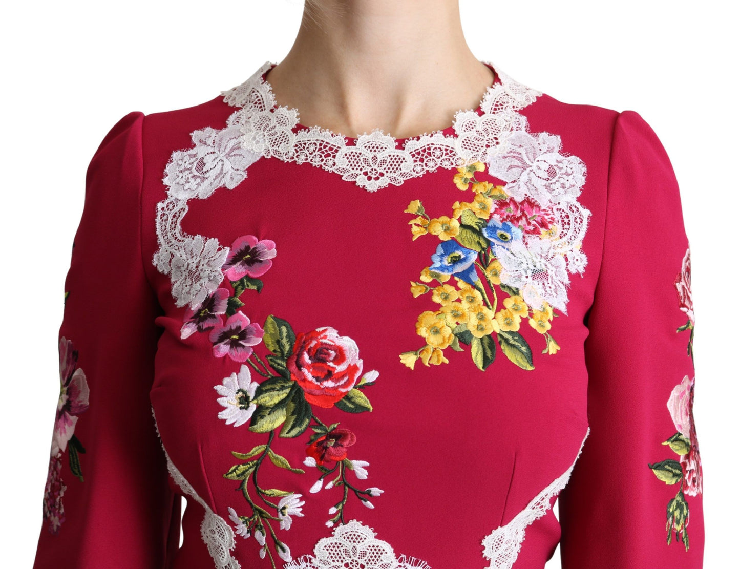 Dolce & Gabbana Red Floral Embroidered Sheath Midi Dress