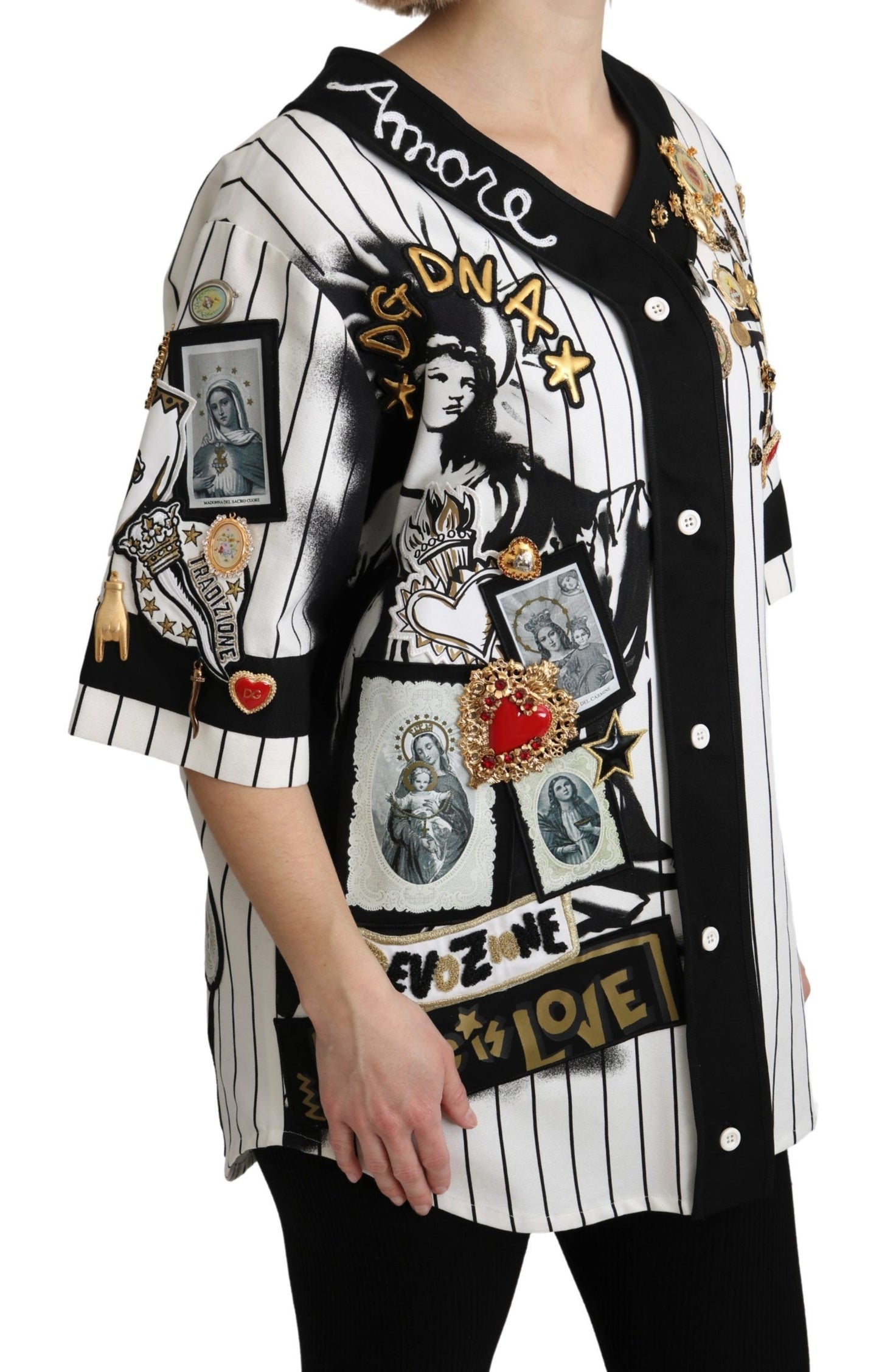 Dolce & Gabbana White and black Blouse Cotton Crystal Charms Amore Shirt