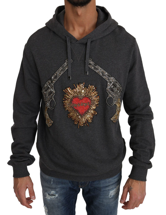 Dolce & Gabbana Gray Hooded Red Crystal Heart Gun Sweater