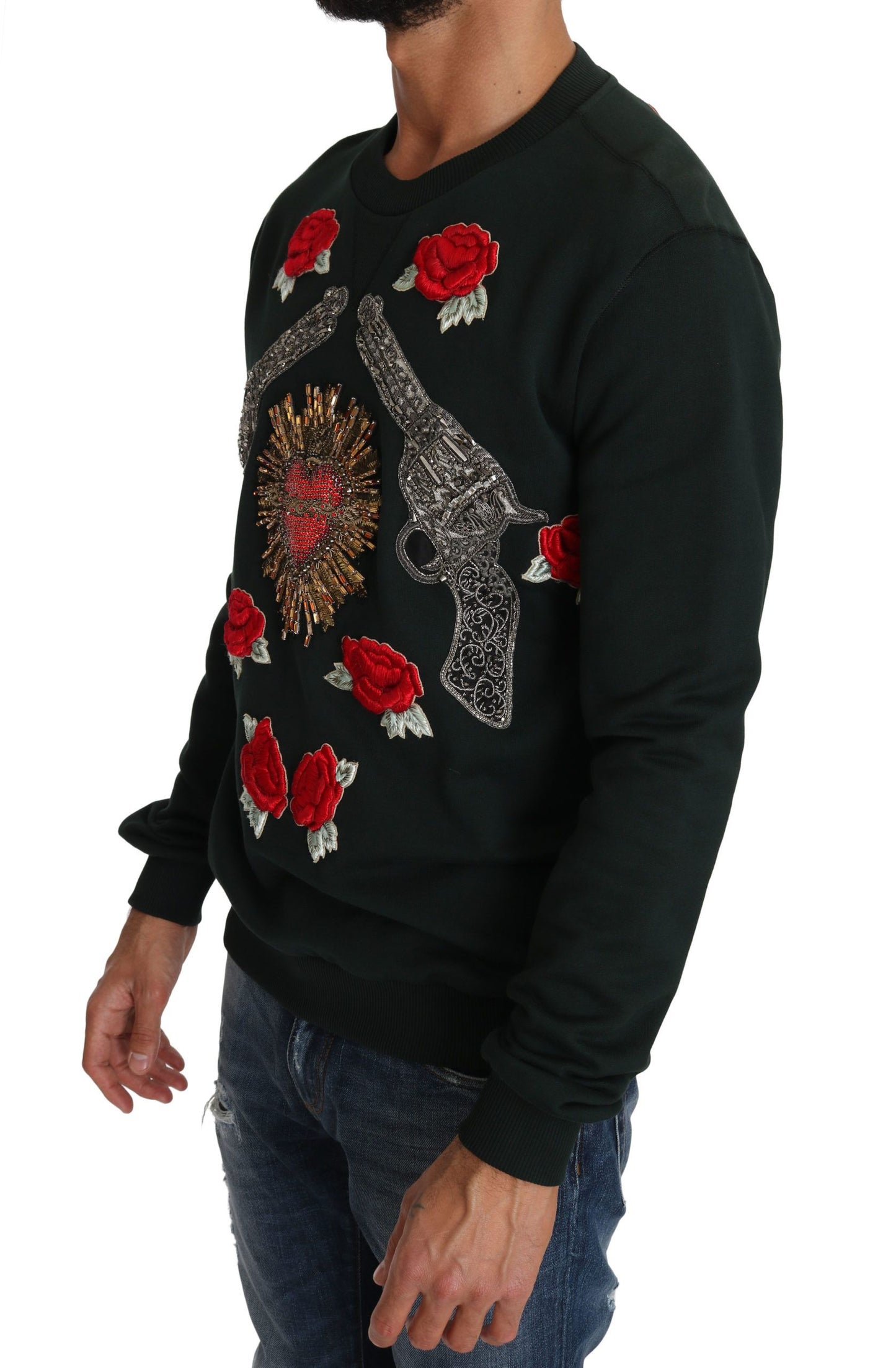 Dolce & Gabbana Green Crystal Heart Roses Gun Sweater