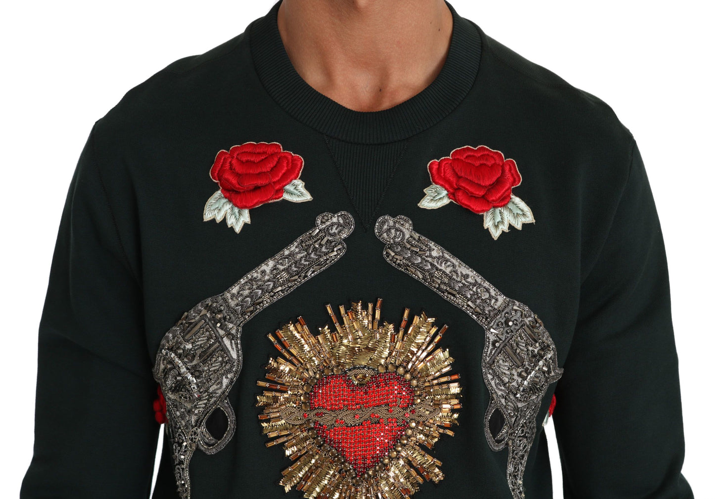 Dolce & Gabbana Green Crystal Heart Roses Gun Sweater