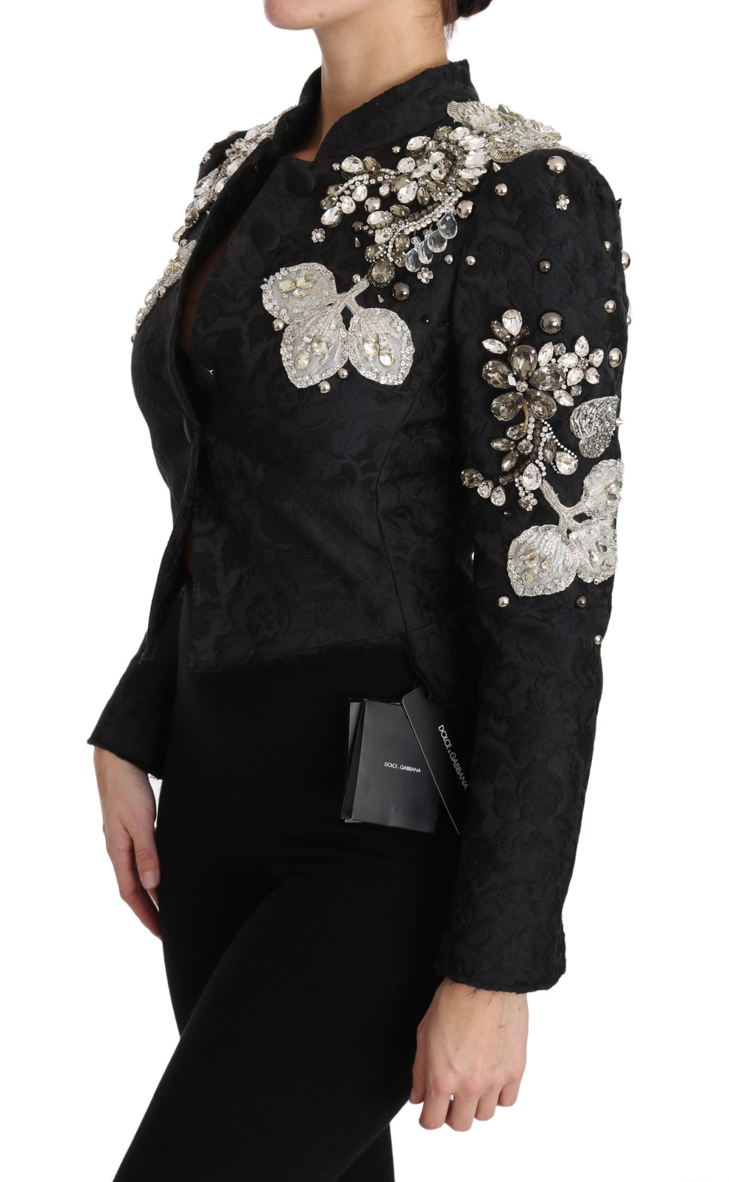 Dolce & Gabbana Black Jacquard Crystal Floral Jacket