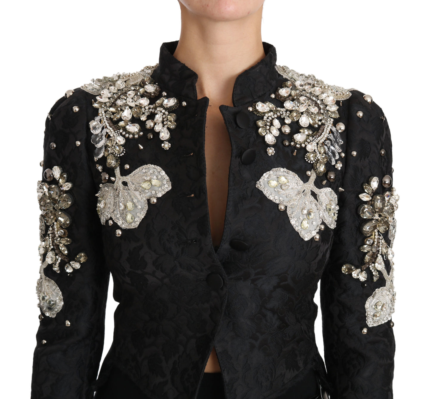 Dolce & Gabbana Black Jacquard Crystal Floral Jacket